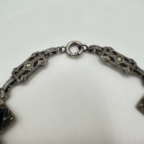 Antique Art Deco sterling silver genuine black onyx marcasite bracelet 7.25" - Picture 4 of 8